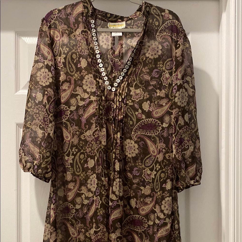 Rumours Brown and Tan Embellished 3/4 Sleeve Blouse with pleated front